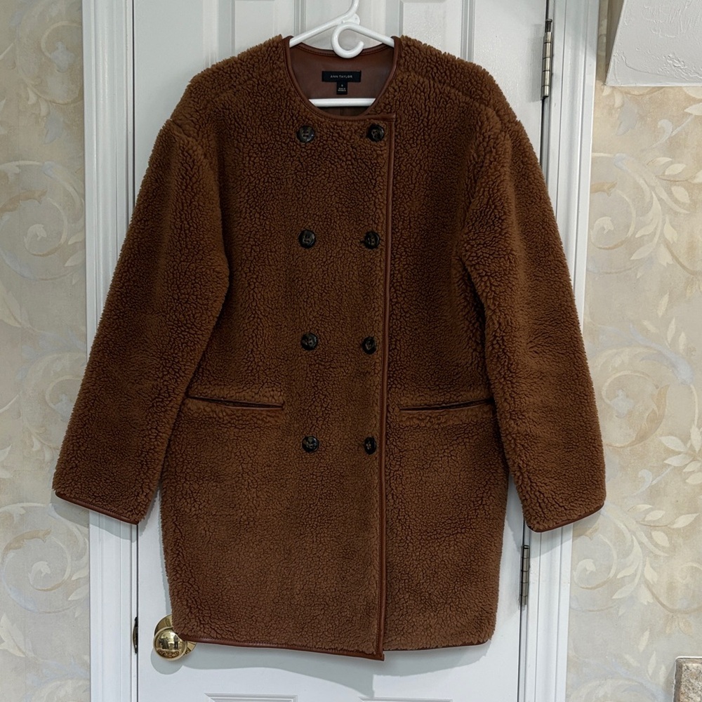 Ann Taylor Fun Faux Sherpa with Faux Leather Wool Blend Double-Breasted Coat